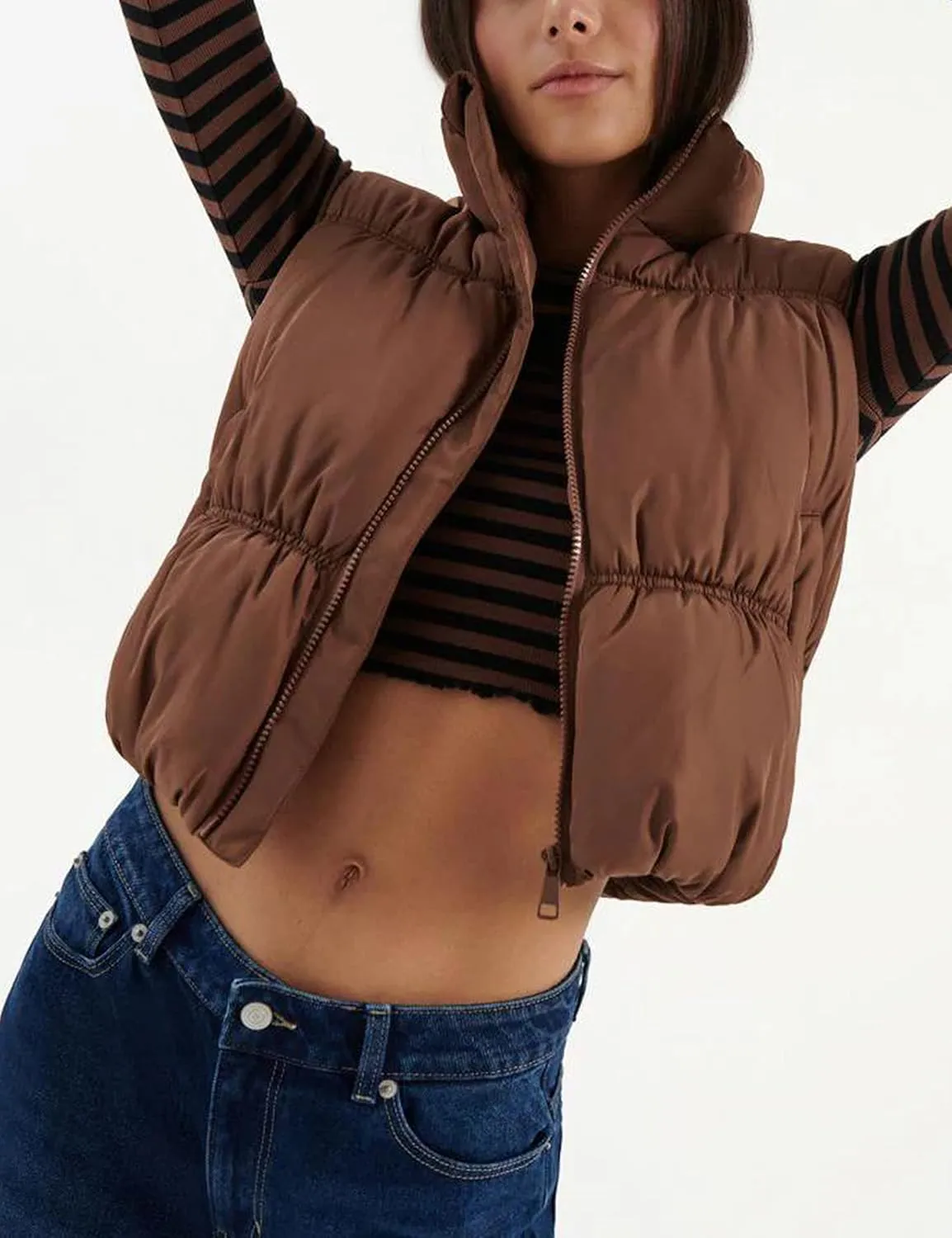 EsheSy Women's Cropped Puffer Vest Stand Collar Full Zip Sleeveless Warm Padded Jacket