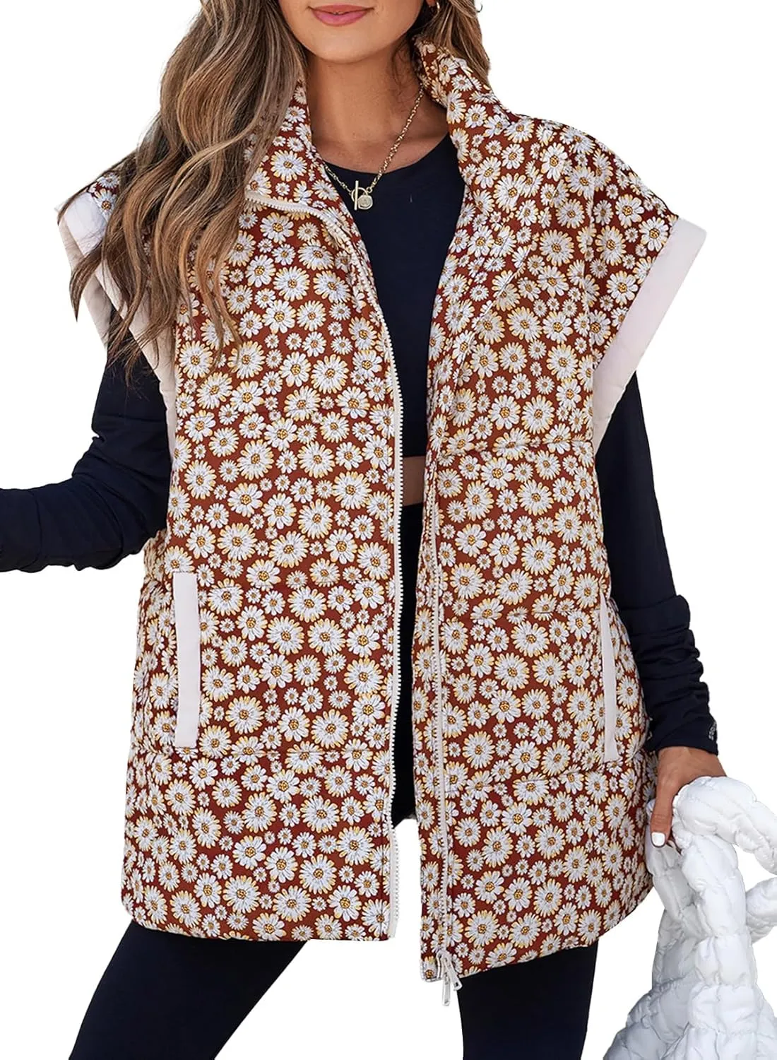 EVALESS Oversized Puffer Vest Women Lightweight Sleeveless Puffer Jacket Winter Warm Zip Up Stand Collar Vests Outerwear