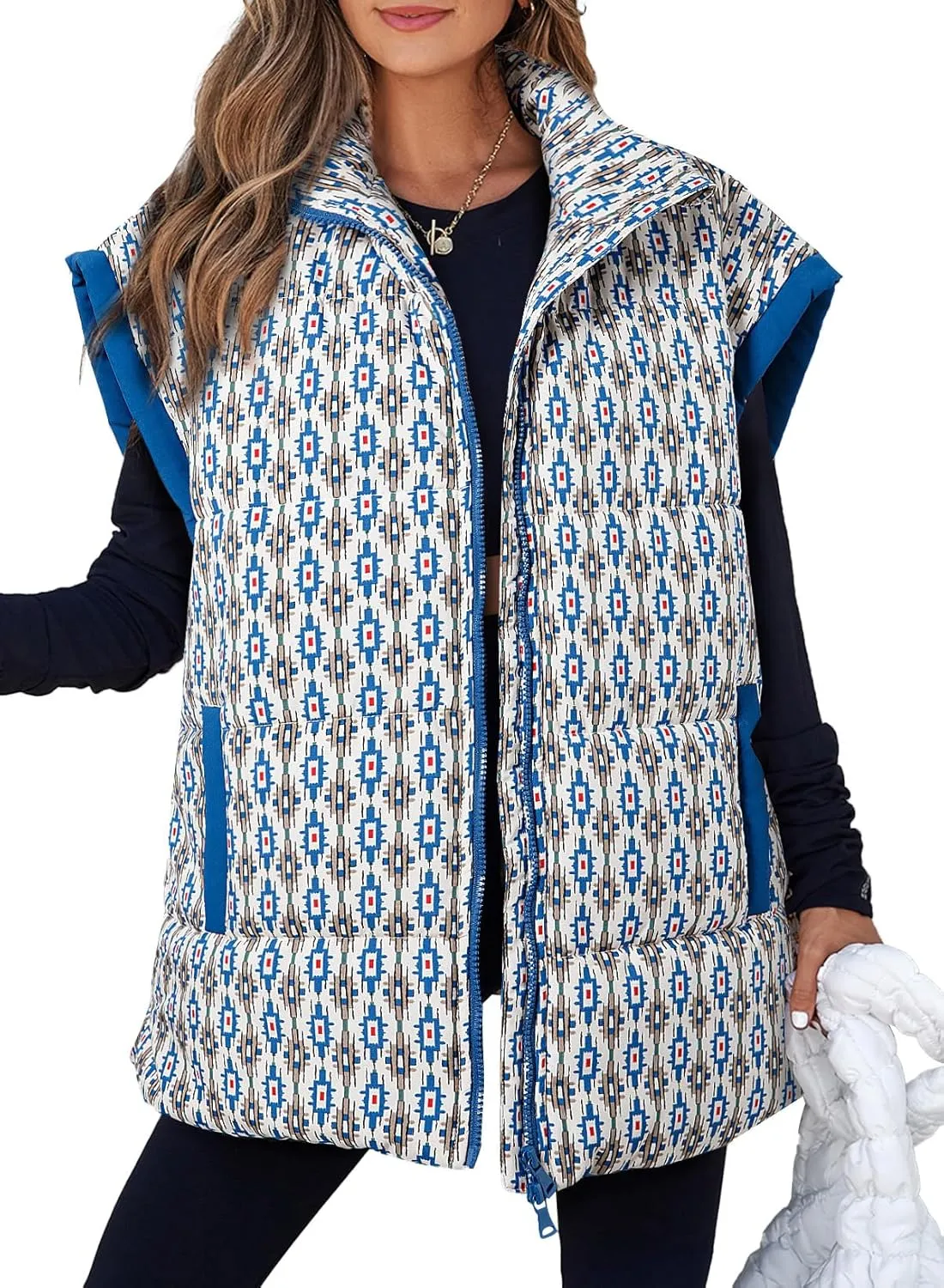 EVALESS Oversized Puffer Vest Women Lightweight Sleeveless Puffer Jacket Winter Warm Zip Up Stand Collar Vests Outerwear