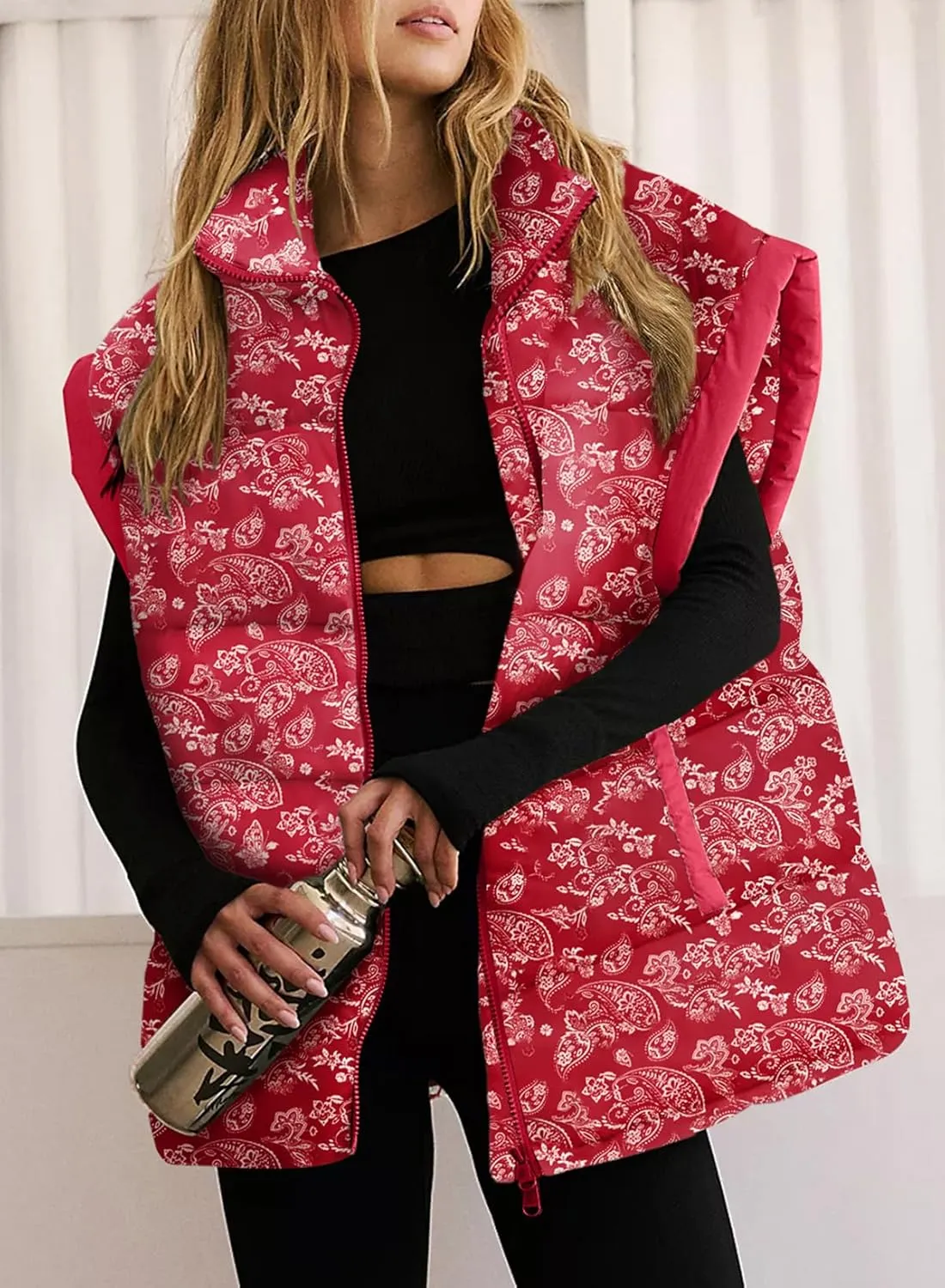 EVALESS Oversized Puffer Vest Women Lightweight Sleeveless Puffer Jacket Winter Warm Zip Up Stand Collar Vests Outerwear
