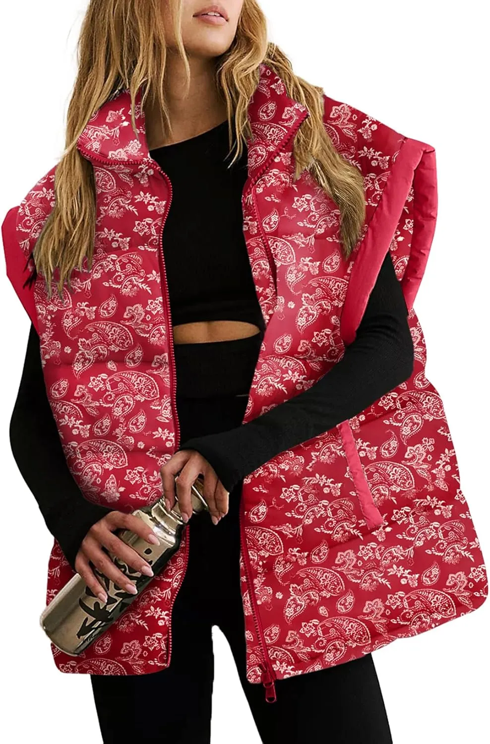 EVALESS Oversized Puffer Vest Women Lightweight Sleeveless Puffer Jacket Winter Warm Zip Up Stand Collar Vests Outerwear