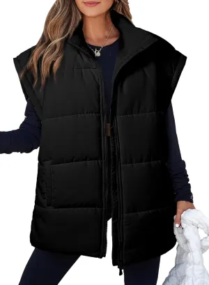 EVALESS Oversized Puffer Vest Women Lightweight Sleeveless Puffer Jacket Winter Warm Zip Up Stand Collar Vests Outerwear