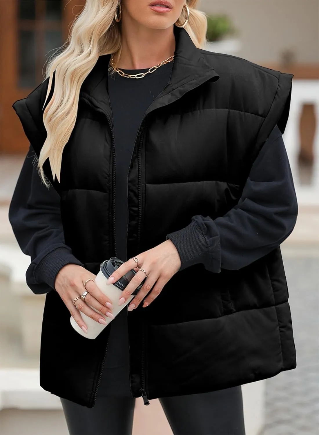 EVALESS Oversized Puffer Vest Women Lightweight Sleeveless Puffer Jacket Winter Warm Zip Up Stand Collar Vests Outerwear