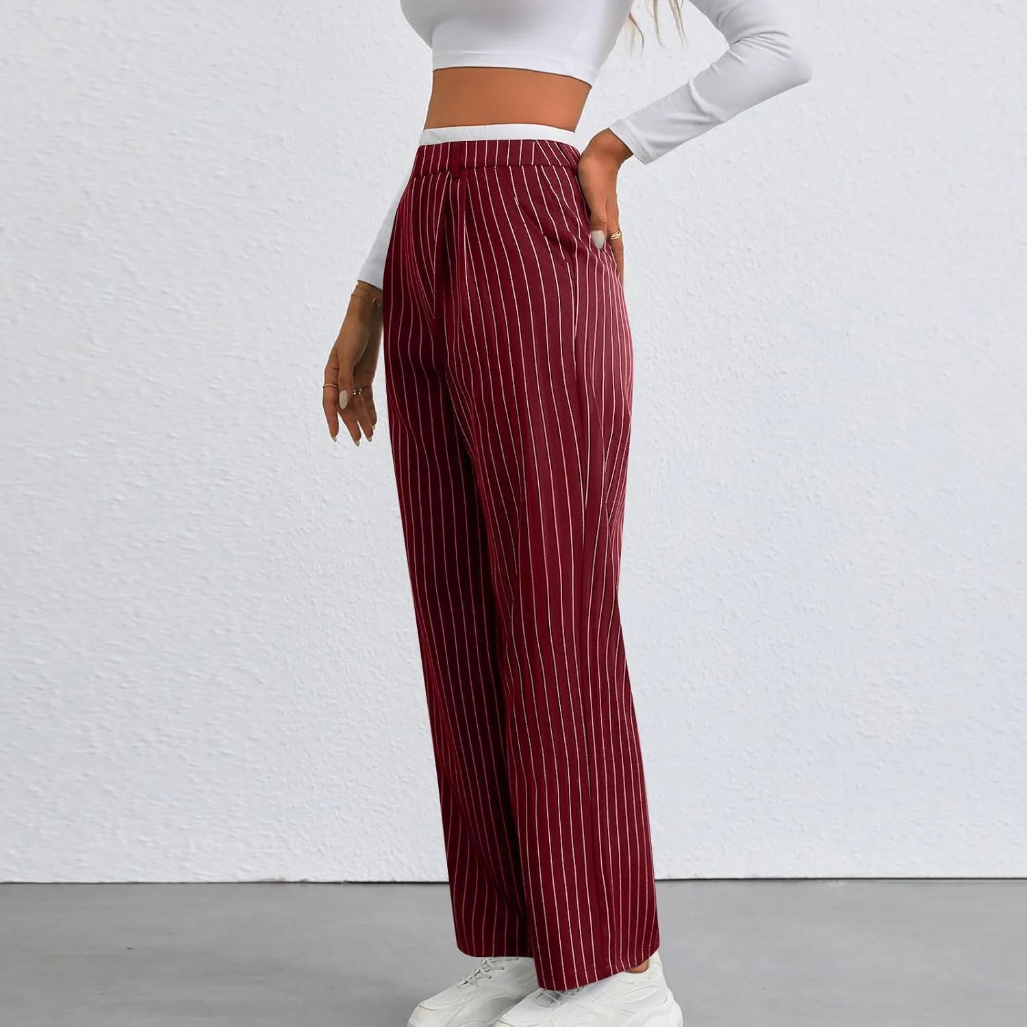 Fall Winter Striped Trousers for Women Casual Comfy Soft Straight Leg Long Pants High Waist Tummy Control Pants 2024