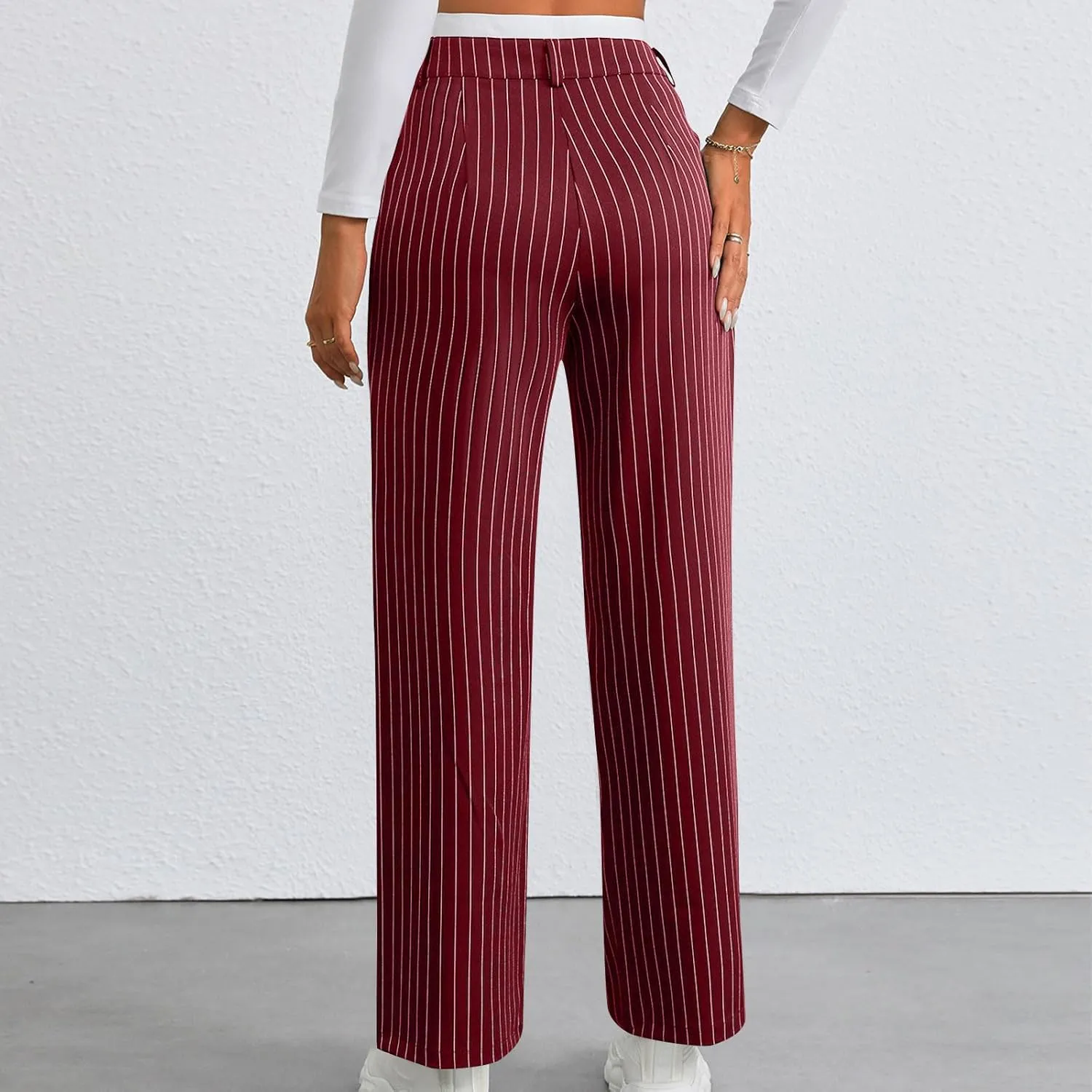 Fall Winter Striped Trousers for Women Casual Comfy Soft Straight Leg Long Pants High Waist Tummy Control Pants 2024