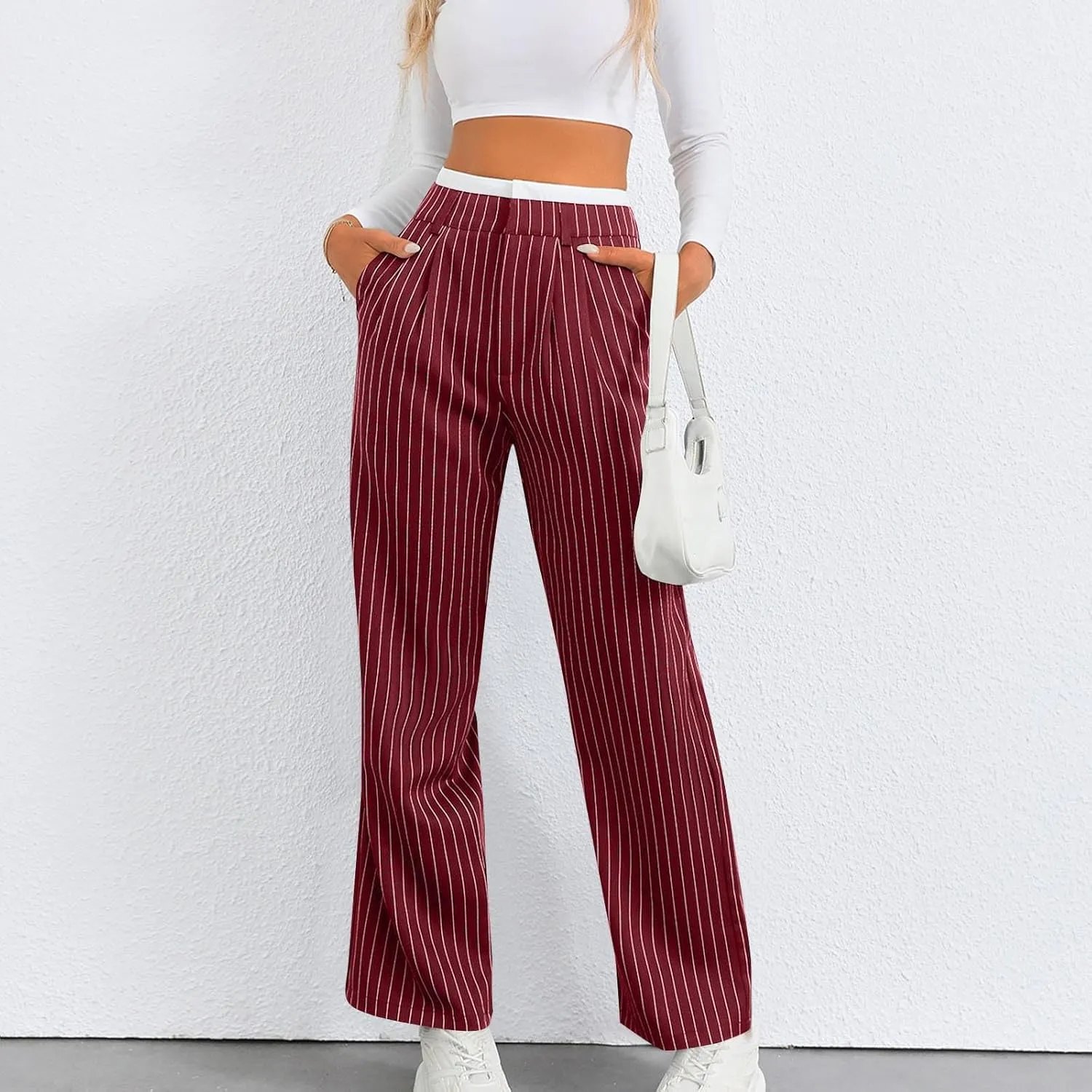 Fall Winter Striped Trousers for Women Casual Comfy Soft Straight Leg Long Pants High Waist Tummy Control Pants 2024
