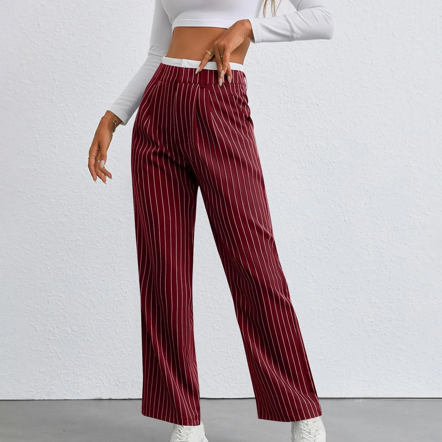 Fall Winter Striped Trousers for Women Casual Comfy Soft Straight Leg Long Pants High Waist Tummy Control Pants 2024