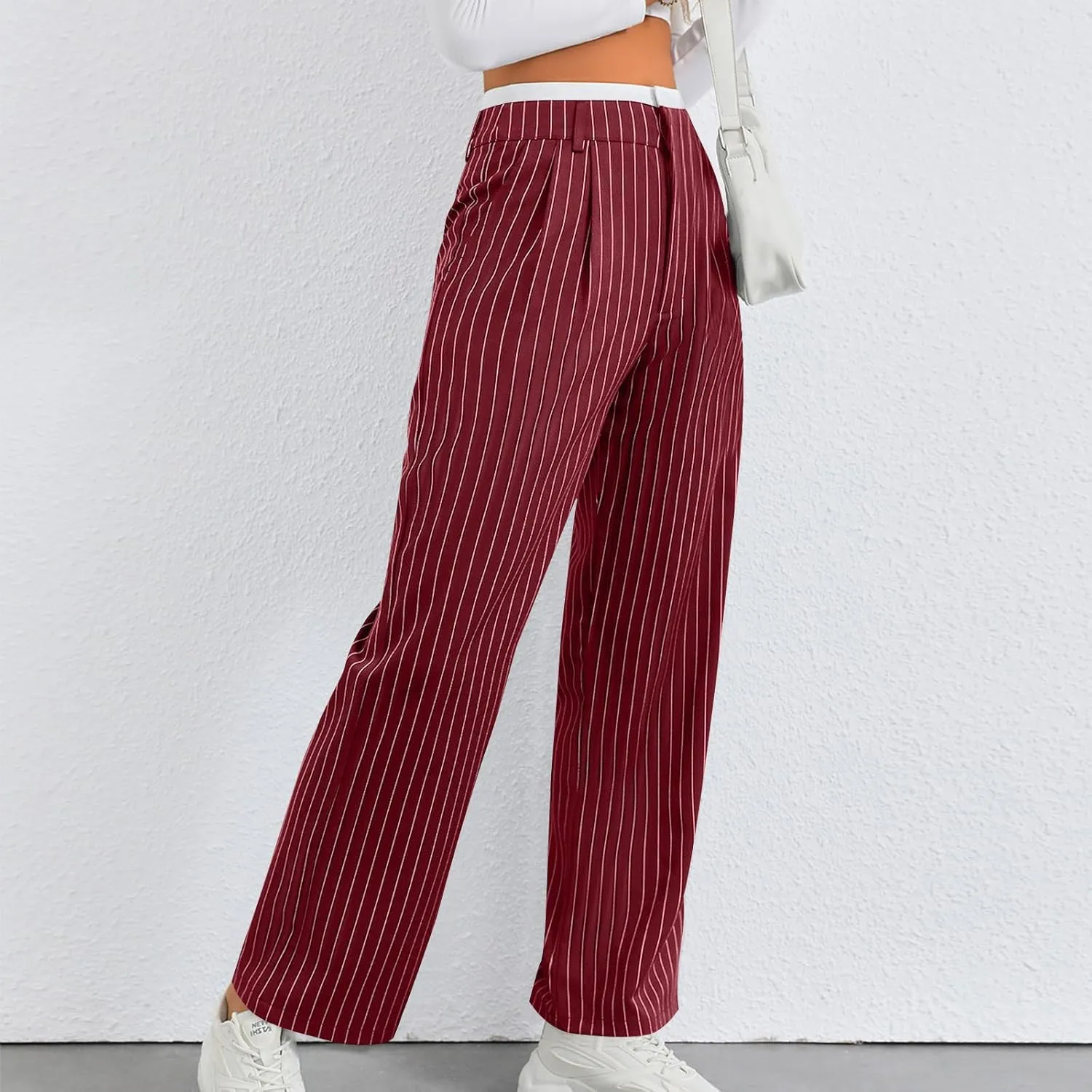 Fall Winter Striped Trousers for Women Casual Comfy Soft Straight Leg Long Pants High Waist Tummy Control Pants 2024