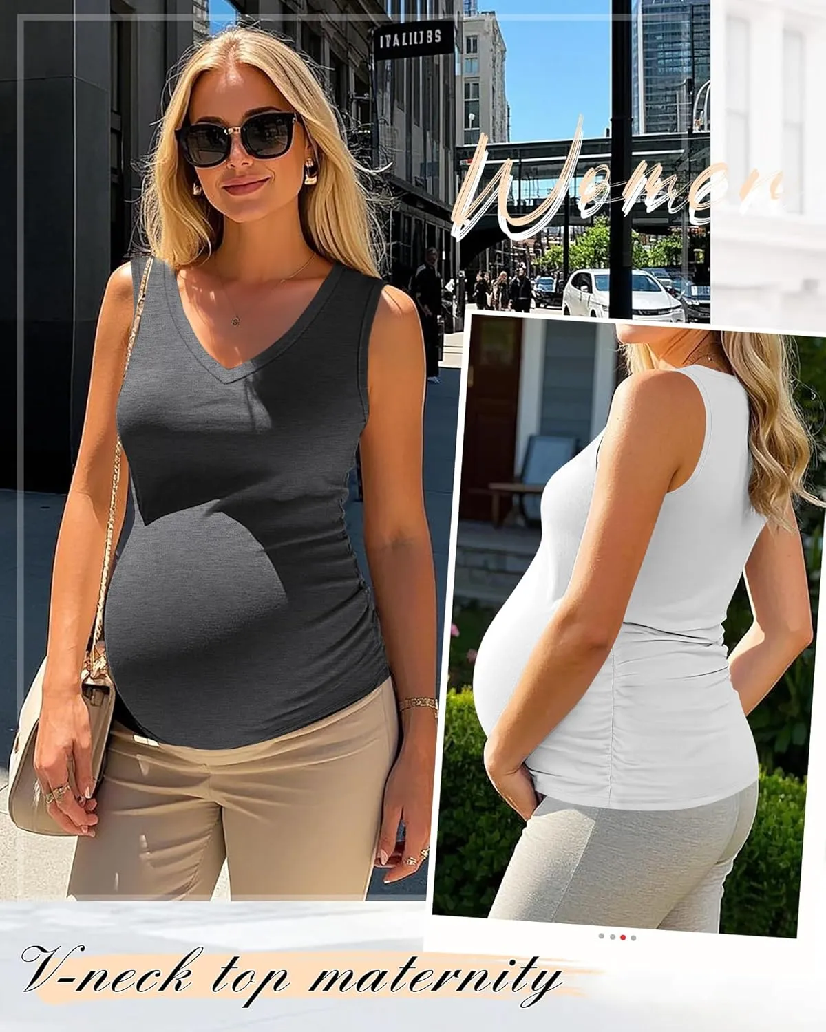 Ficerd 4 Pack Women's Maternity Tank Tops V Neck Summer Side Ruched Sleeveless Cotton Basic Pregnancy Shirts