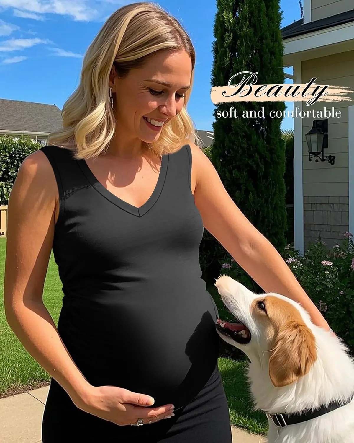 Ficerd 4 Pack Women's Maternity Tank Tops V Neck Summer Side Ruched Sleeveless Cotton Basic Pregnancy Shirts
