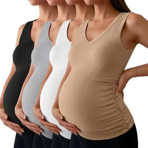 Ficerd 4 Pack Women's Maternity Tank Tops V Neck Summer Side Ruched Sleeveless Cotton Basic Pregnancy Shirts
