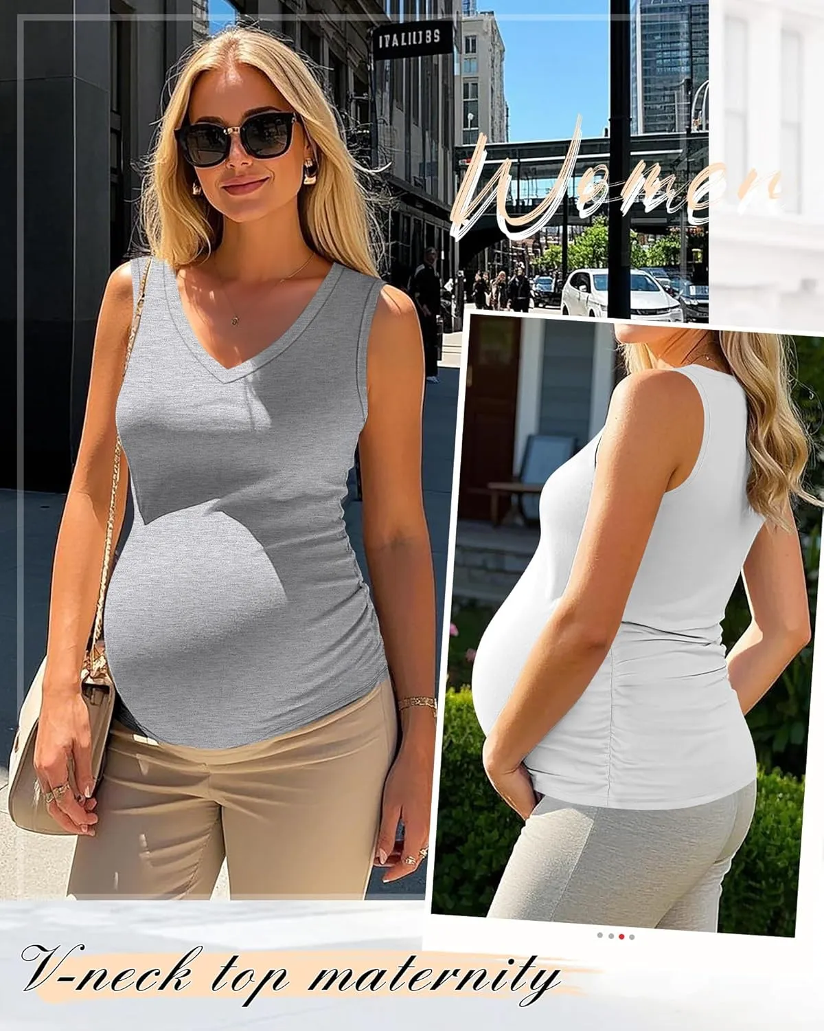 Ficerd 4 Pack Women's Maternity Tank Tops V Neck Summer Side Ruched Sleeveless Cotton Basic Pregnancy Shirts