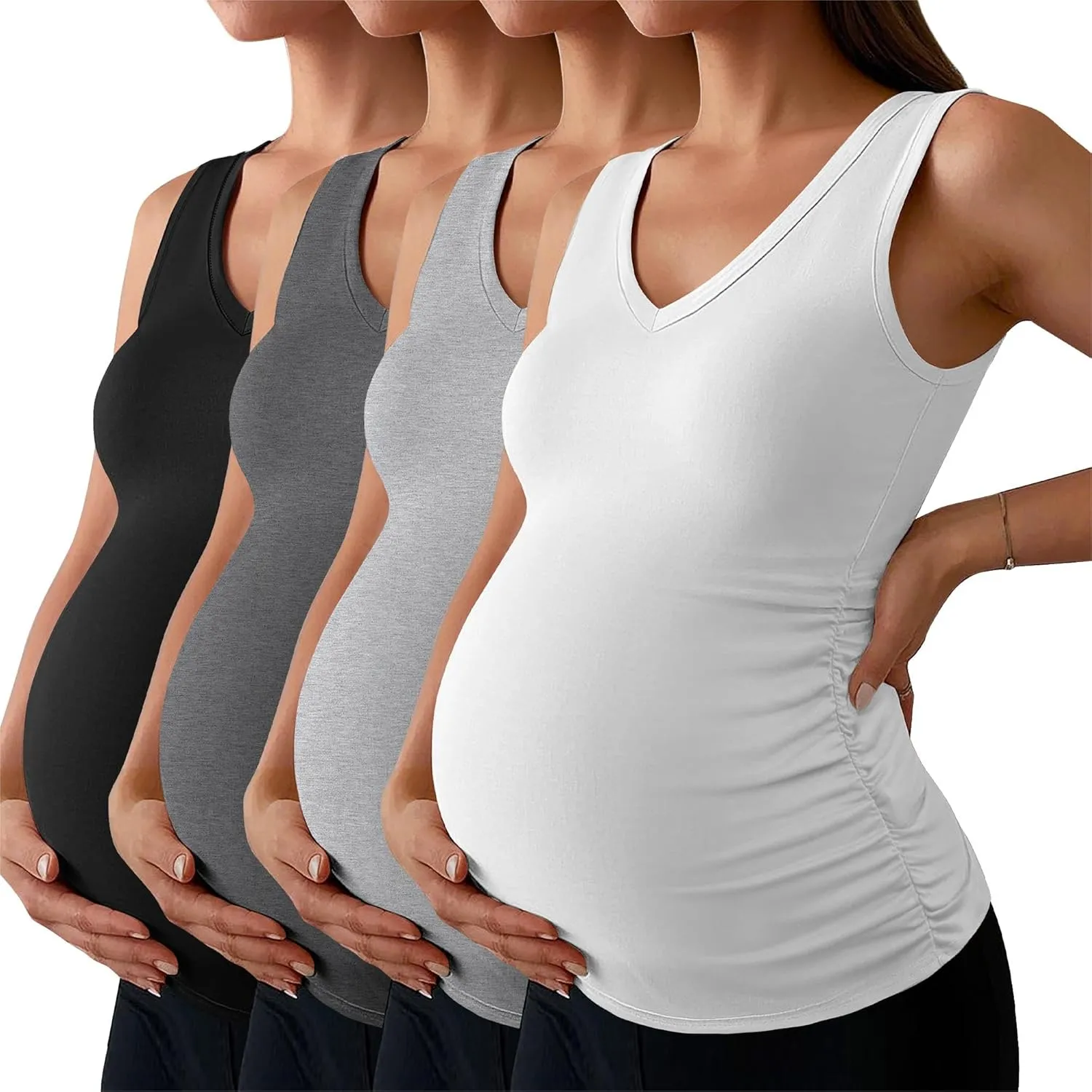 Ficerd 4 Pack Women's Maternity Tank Tops V Neck Summer Side Ruched Sleeveless Cotton Basic Pregnancy Shirts