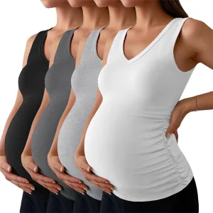 Ficerd 4 Pack Women's Maternity Tank Tops V Neck Summer Side Ruched Sleeveless Cotton Basic Pregnancy Shirts