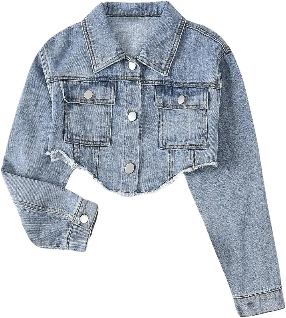 Floerns Women's Asymmetrical Raw Hem Collar Long Sleeve Cropped Coat Denim Jackets