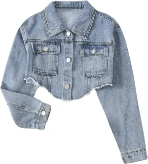 Floerns Women's Asymmetrical Raw Hem Collar Long Sleeve Cropped Coat Denim Jackets