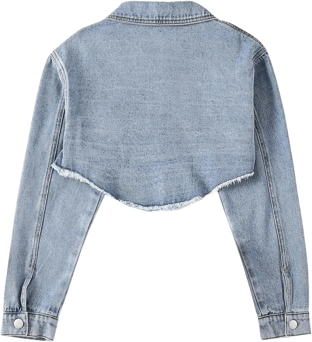 Floerns Women's Asymmetrical Raw Hem Collar Long Sleeve Cropped Coat Denim Jackets