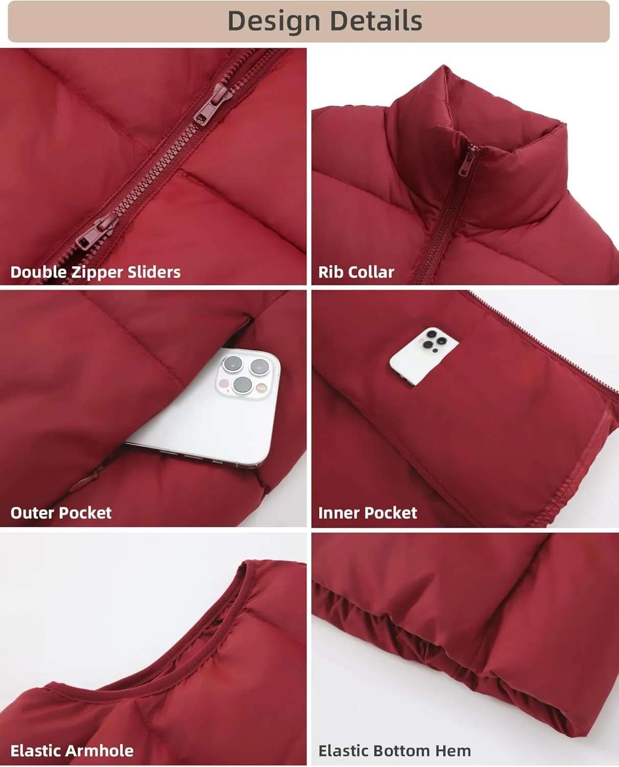 Fuinloth Women's Lightweight Puffer Vest, Water Repellent, 4 Pockets, Double Slider Zipper, Elastic Hem for Fall & Winter