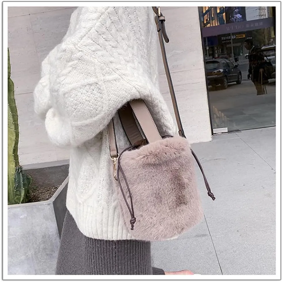 Fur Plush Bucket Handbag - Women's Stylish Shoulder Crossbody Mini Cylinder Bag