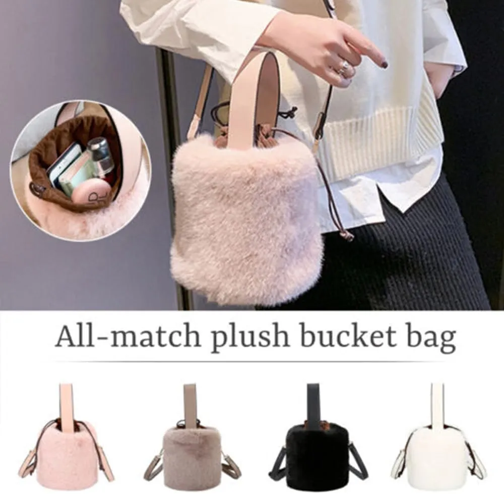 Fur Plush Bucket Handbag - Women's Stylish Shoulder Crossbody Mini Cylinder Bag