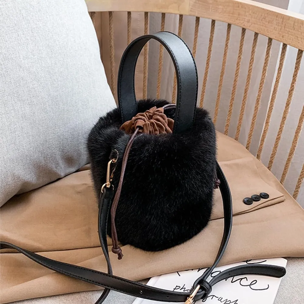 Fur Plush Bucket Handbag - Women's Stylish Shoulder Crossbody Mini Cylinder Bag