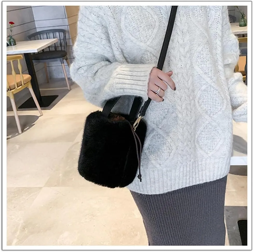 Fur Plush Bucket Handbag - Women's Stylish Shoulder Crossbody Mini Cylinder Bag