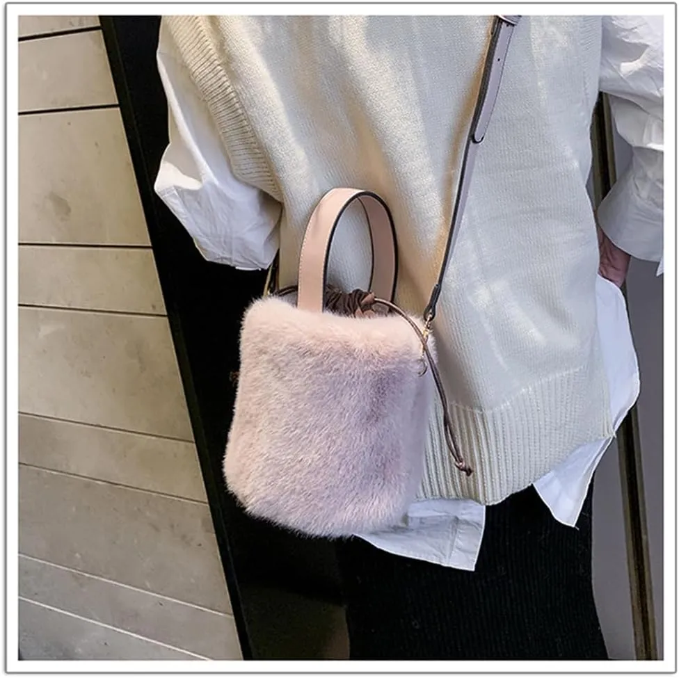 Fur Plush Bucket Handbag - Women's Stylish Shoulder Crossbody Mini Cylinder Bag