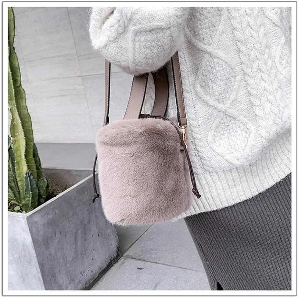 Fur Plush Bucket Handbag - Women's Stylish Shoulder Crossbody Mini Cylinder Bag