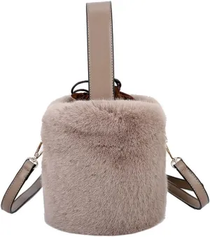 Fur Plush Bucket Handbag - Women's Stylish Shoulder Crossbody Mini Cylinder Bag