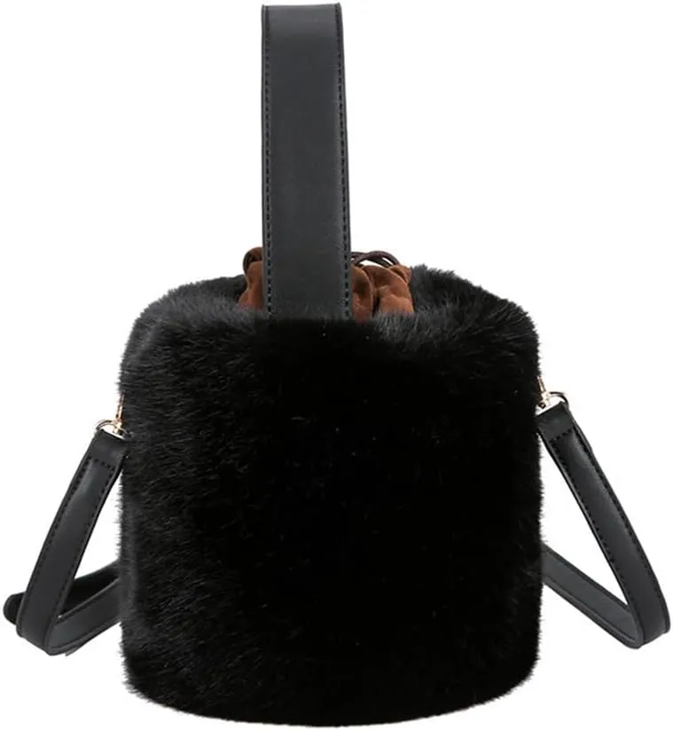 Fur Plush Bucket Handbag - Women's Stylish Shoulder Crossbody Mini Cylinder Bag