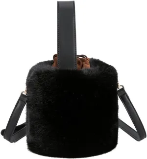 Fur Plush Bucket Handbag - Women's Stylish Shoulder Crossbody Mini Cylinder Bag