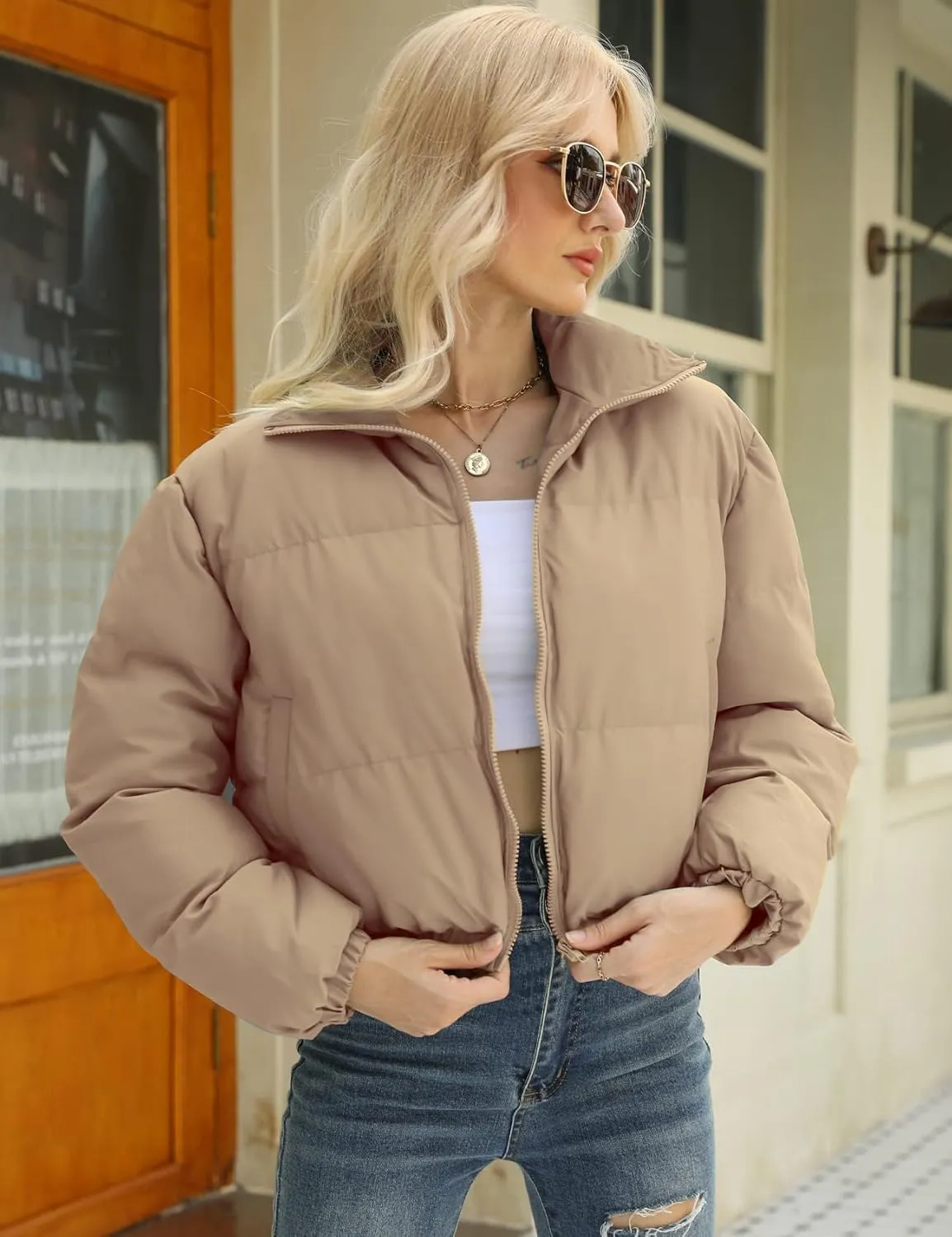Gihuo Women's Cropped Puffer Jacket Zip Up Winter Short Quilted Jackets Bubble Coat