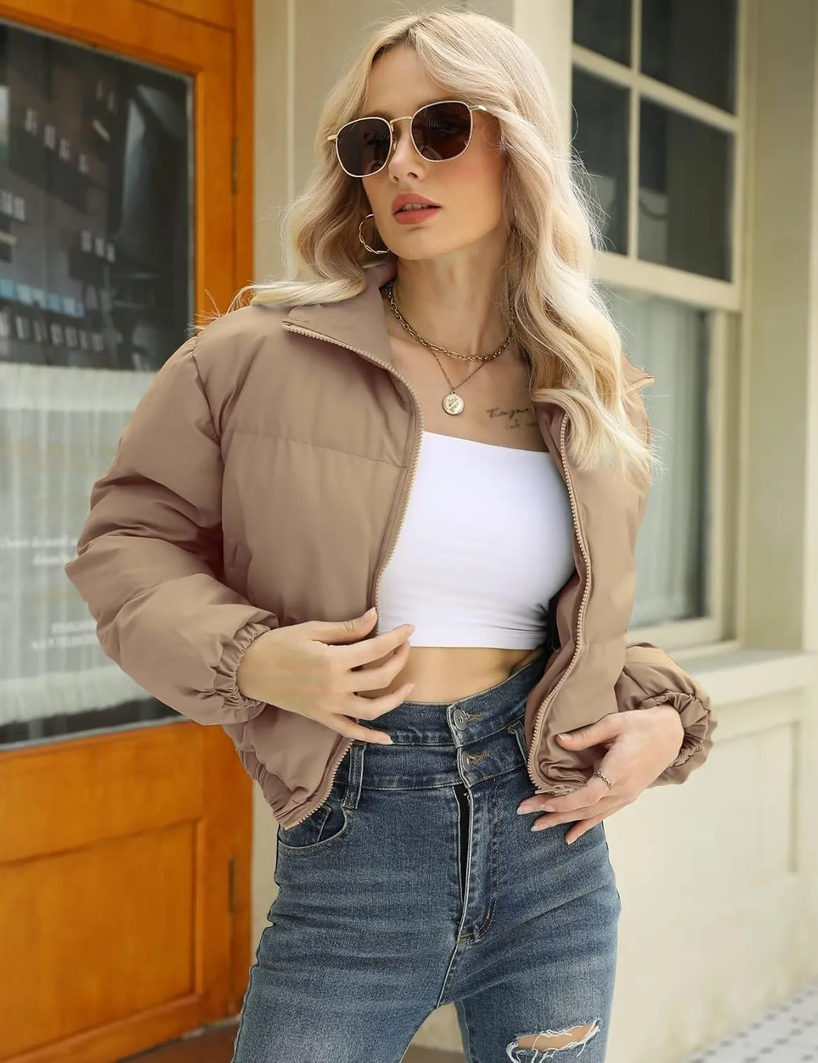 Gihuo Women's Cropped Puffer Jacket Zip Up Winter Short Quilted Jackets Bubble Coat