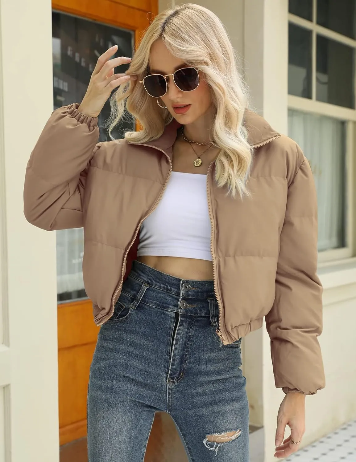 Gihuo Women's Cropped Puffer Jacket Zip Up Winter Short Quilted Jackets Bubble Coat