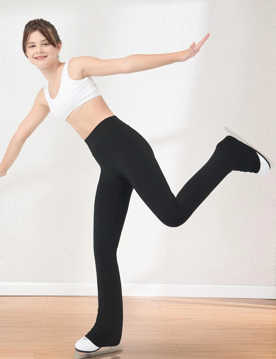 Girls Figure Skating Pants Soft Stretch High Waisted Practice Ice Skating Leggings for Kids Teen Workout Training
