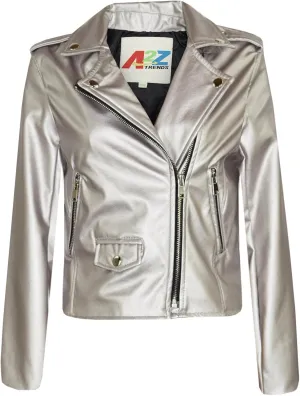 Girls Jackets Kids PU Faux Leather Metallic Silver Jacket Zip Up Biker Coat 5-13