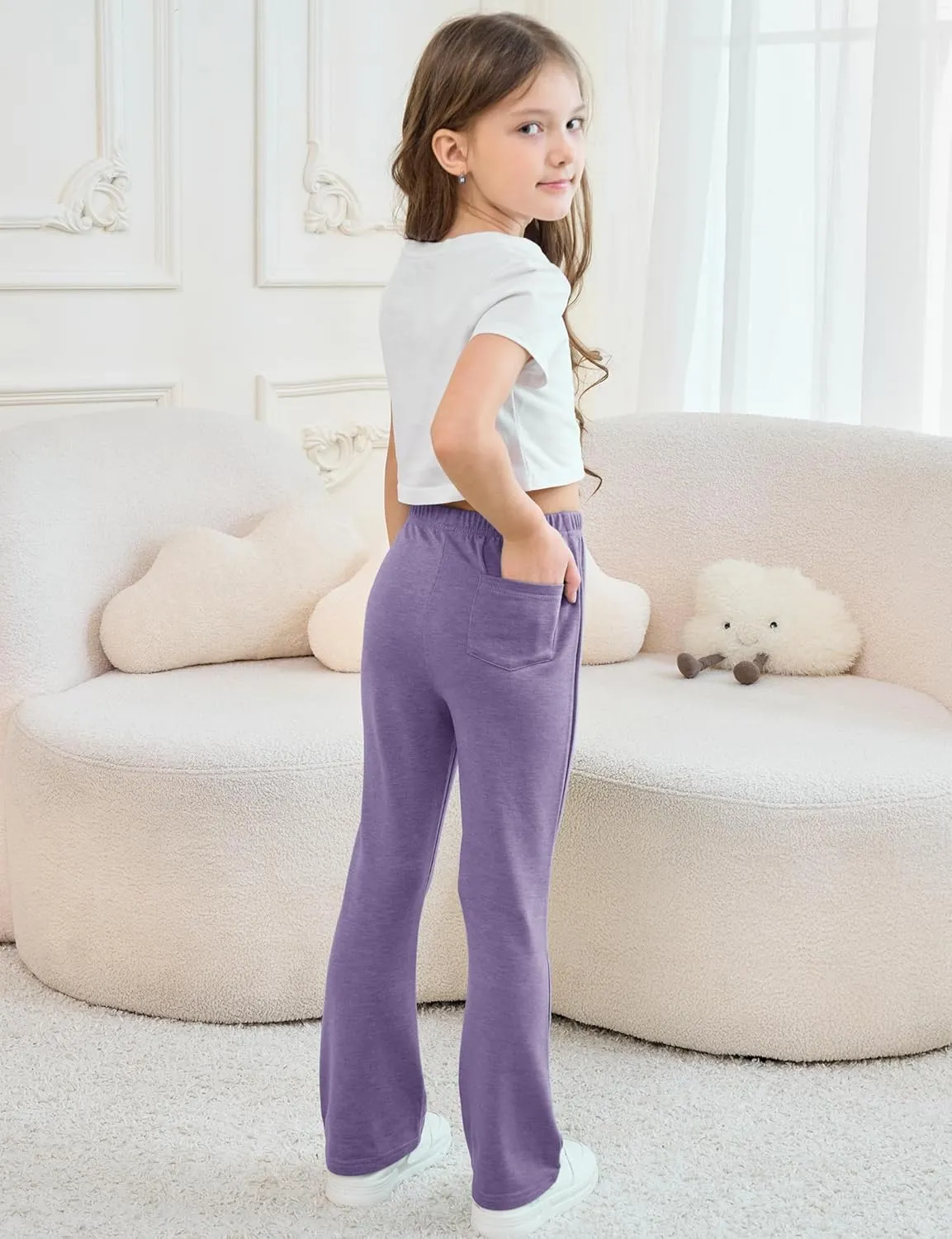 Girls Mid-Rise Flared Pants, 3 Pack Soft Rayon Stretch Bell Bottoms for Kids, Skinny Fit Bootcut Leggings