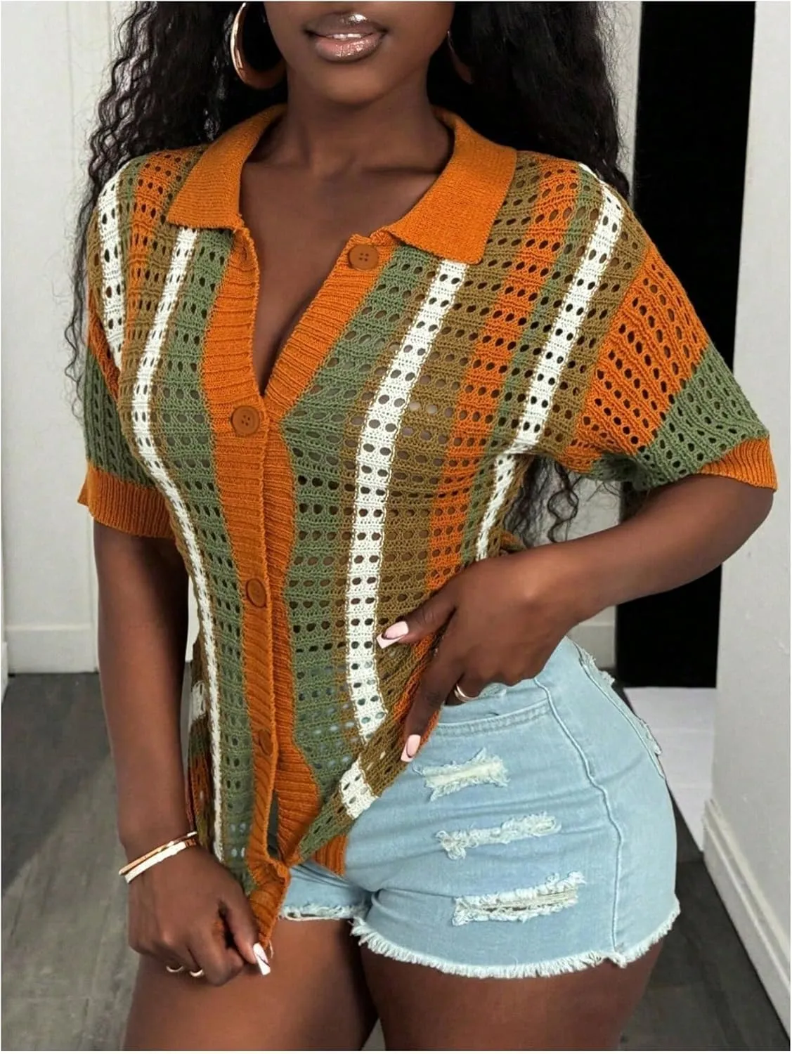 GORGLITTER Women's Crochet Short Sleeve Tops Dressy Color Block Striped Button Up Summer Lightweight Cardigan Sweater
