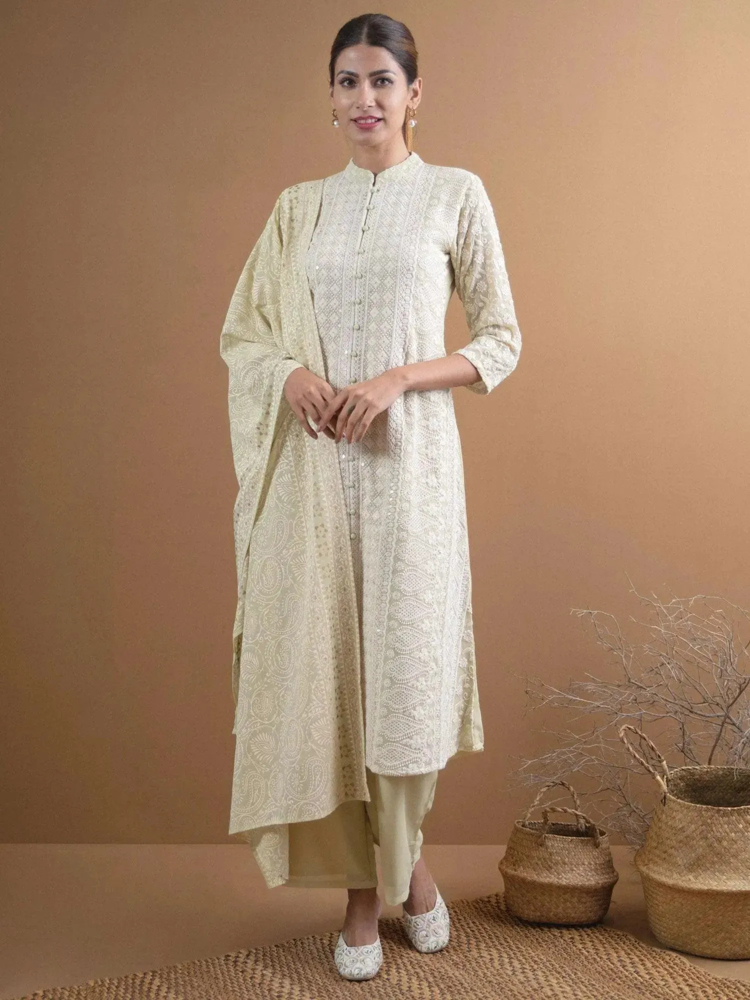 Green Embroidered Georgette A-Line Kurta With Palazzos & Dupatta