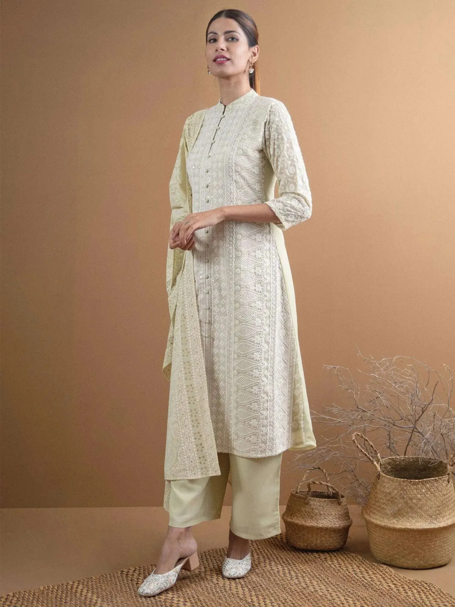 Green Embroidered Georgette A-Line Kurta With Palazzos & Dupatta