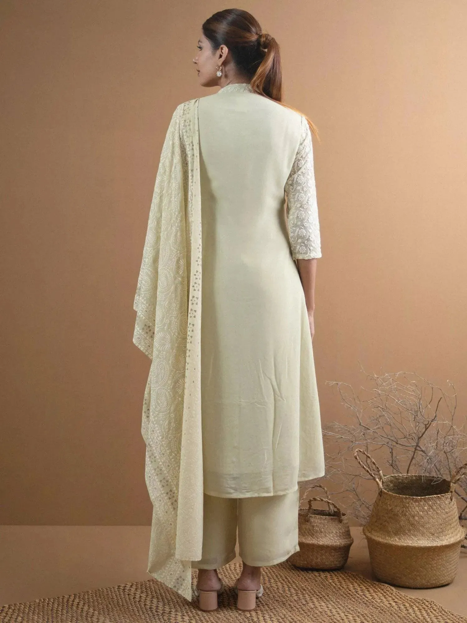 Green Embroidered Georgette A-Line Kurta With Palazzos & Dupatta