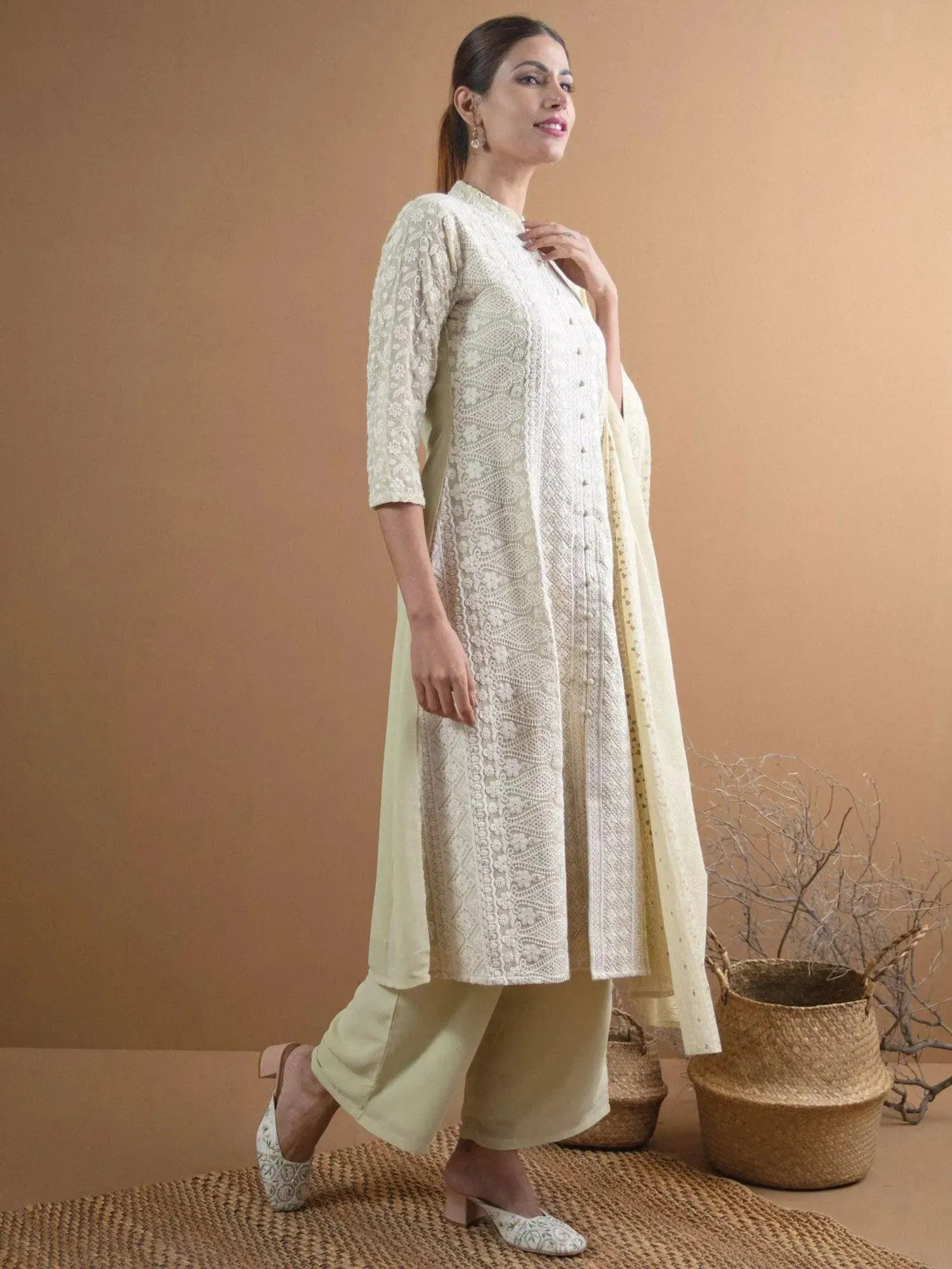 Green Embroidered Georgette A-Line Kurta With Palazzos & Dupatta