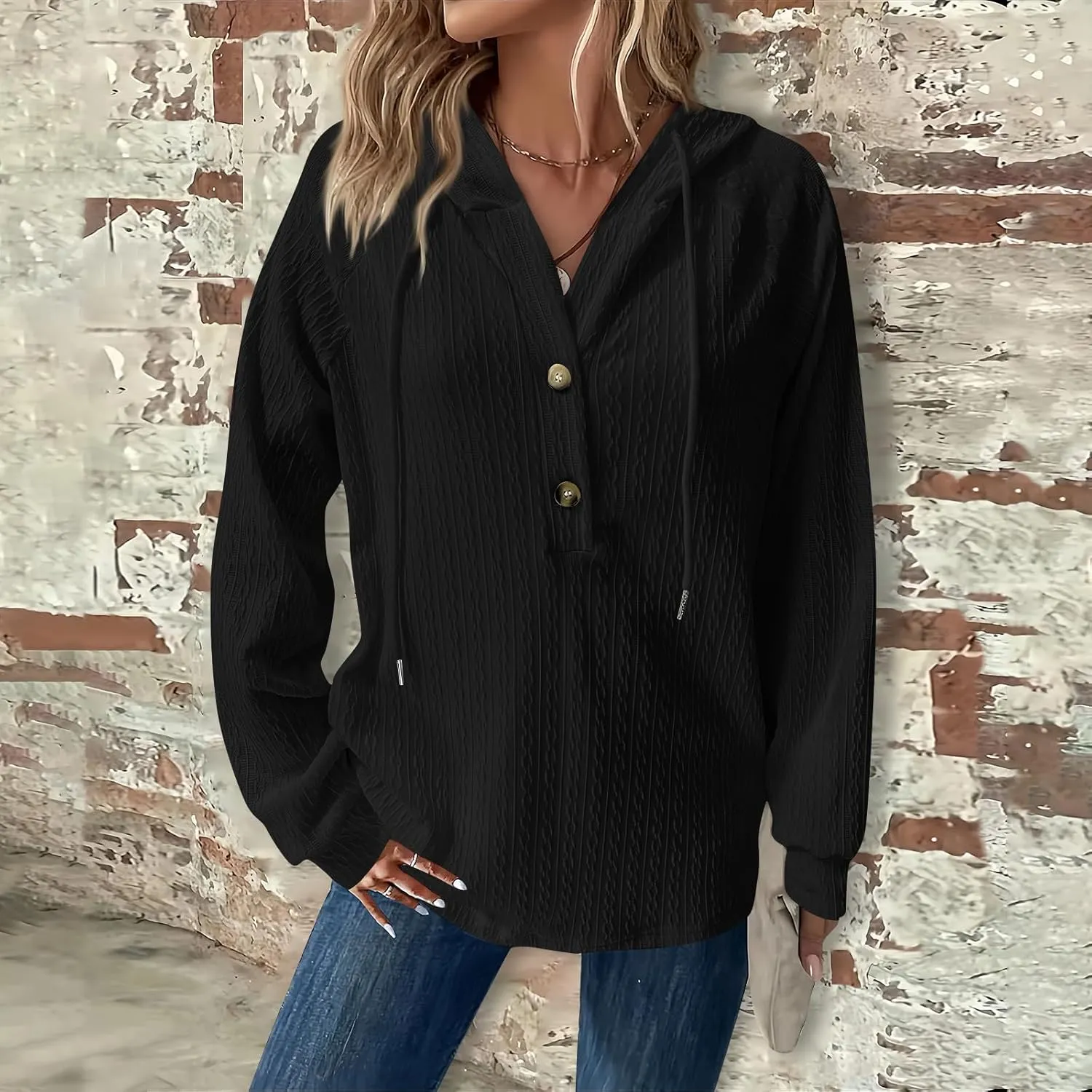 Gumipy Women Oversized Hoodie Sweatshirt Button Up Waffle V Neck Sweaters Hoodies Trendy Drawstring Long Sleeve Pullover Tops