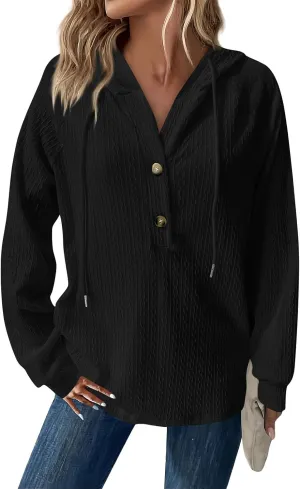 Gumipy Women Oversized Hoodie Sweatshirt Button Up Waffle V Neck Sweaters Hoodies Trendy Drawstring Long Sleeve Pullover Tops
