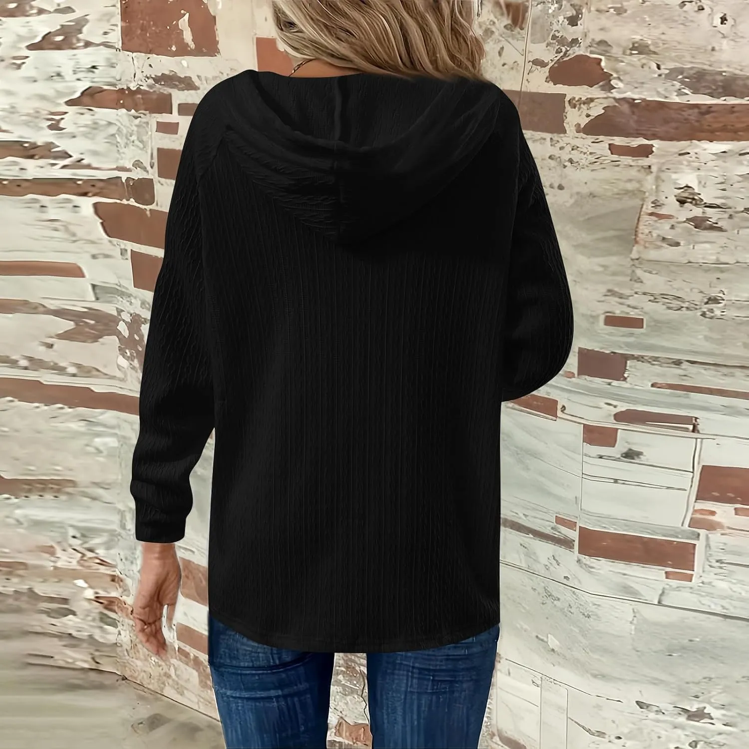 Gumipy Women Oversized Hoodie Sweatshirt Button Up Waffle V Neck Sweaters Hoodies Trendy Drawstring Long Sleeve Pullover Tops
