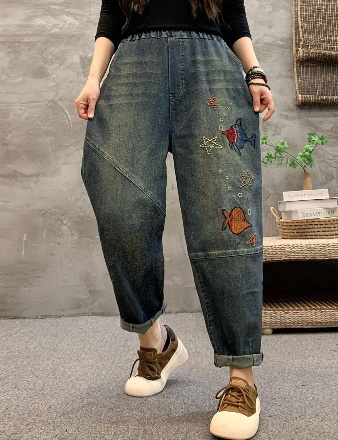 HALITOSS Women's Distressed Denim Jeans Elastic Waist Harem Cropped Pants Casual Ankle Length Trouser