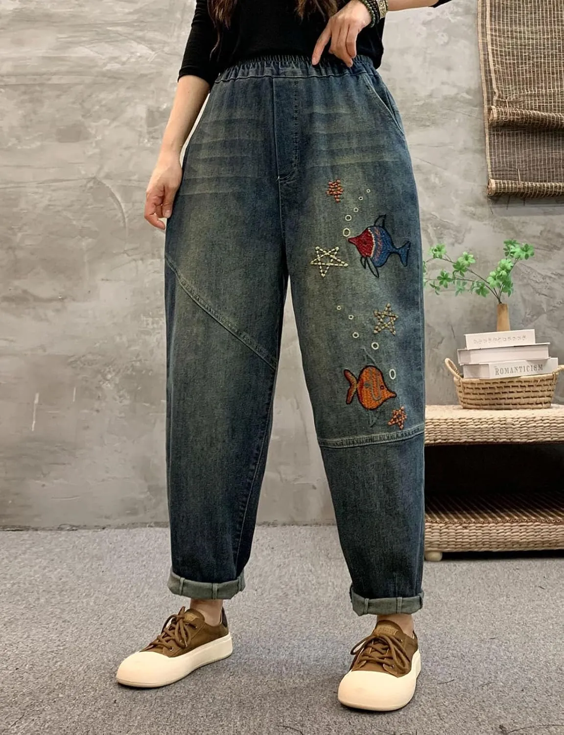 HALITOSS Women's Distressed Denim Jeans Elastic Waist Harem Cropped Pants Casual Ankle Length Trouser