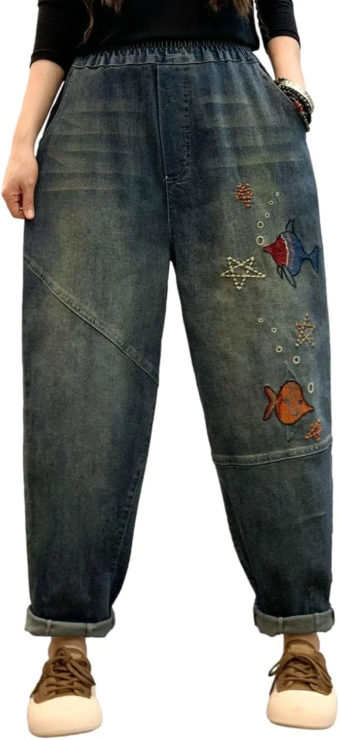 HALITOSS Women's Distressed Denim Jeans Elastic Waist Harem Cropped Pants Casual Ankle Length Trouser