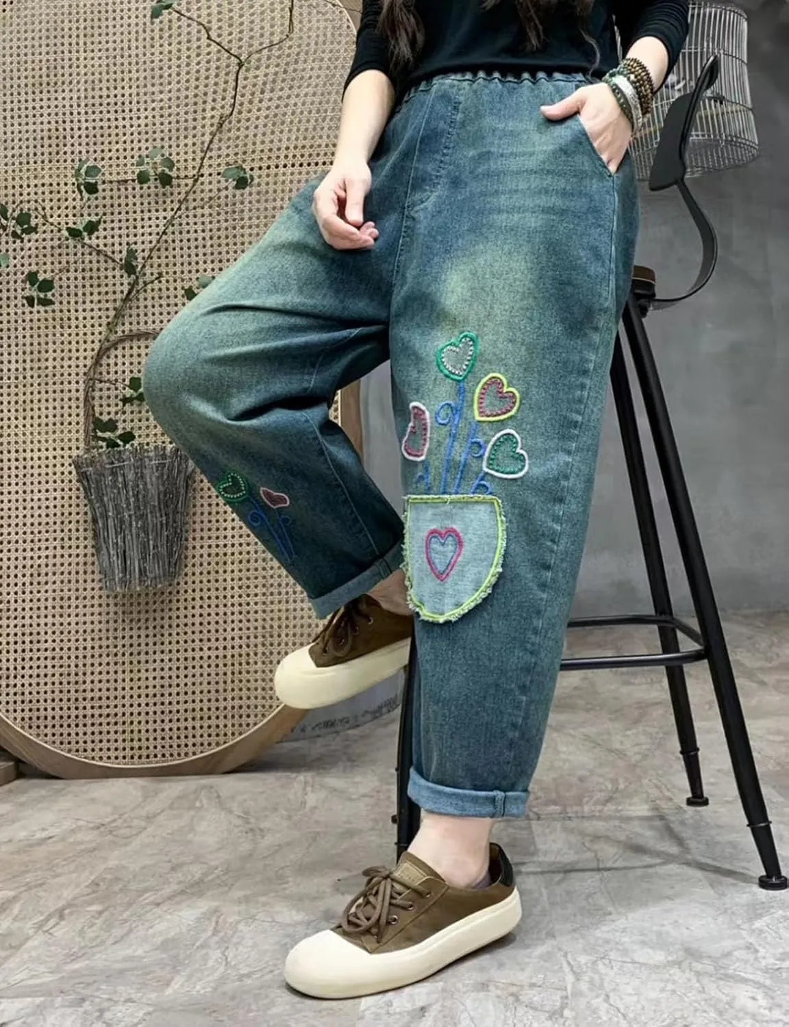 HALITOSS Women's Distressed Denim Jeans Elastic Waist Harem Cropped Pants Casual Ankle Length Trouser