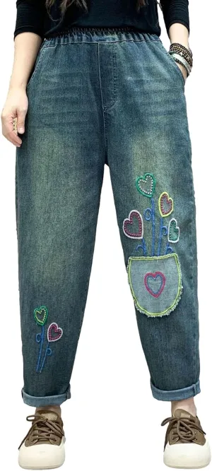 HALITOSS Women's Distressed Denim Jeans Elastic Waist Harem Cropped Pants Casual Ankle Length Trouser